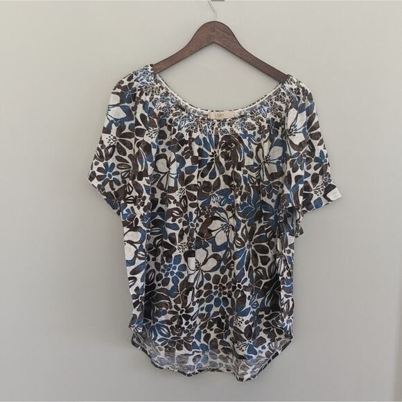 Women's LOFT Sunwashed Floral Off Shoulder Blouse Top Large Brown Blue - Picture 2 of 7